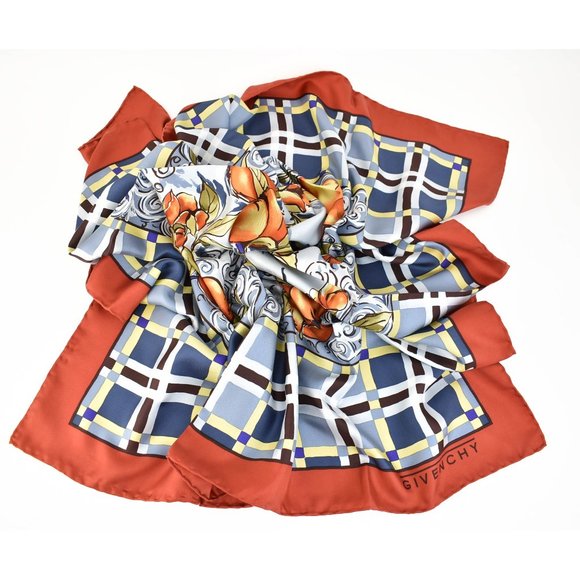 GIVENCHY: Red/Multicolor, 100% Silk Twill Scarf rq - Picture 1 of 7